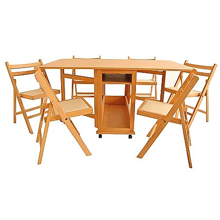 Mese cu scaune - Set masa plianta cu spatiu depozitare Util, pentru living si bucatarie, PAL, structura lemn masiv, cu role, 160x96x80 cm si 6 scaune pliante, tapitate, piele ecologica, wenge