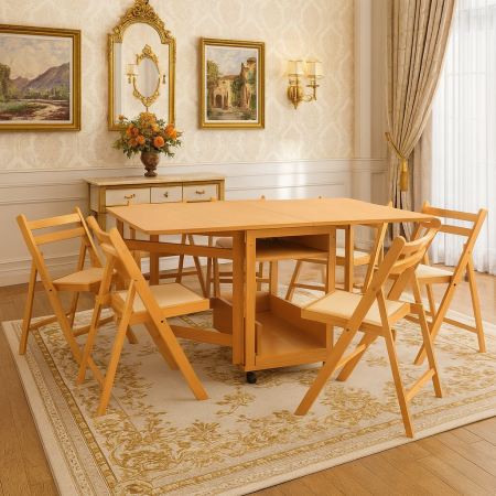 Set masa plianta cu spatiu depozitare Util, pentru living si bucatarie, PAL, structura lemn masiv, cu role, 160x96x80 cm si 6 scaune pliante, tapitate, piele ecologica, fag