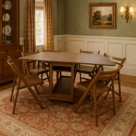 Mese pliante - Set masa plianta cu spatiu depozitare Util, pentru living si bucatarie, PAL, structura lemn masiv, cu role, 160x96x80 cm si 6 scaune pliante, tapitate, piele ecologica, nuc