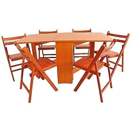 Mese Scaune - Set masa plianta MD1, bucatarie si living, Pal Melaminat, colturi rotunjite, 6 persoane, 160x80x75 cm si 6 scaune pliante lemn, tapitate cu piele ecologica, cires