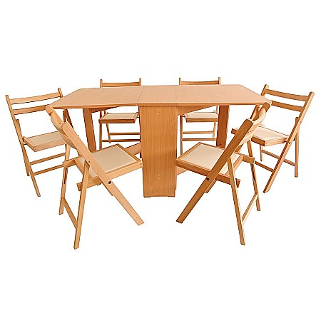 Mese cu scaune - Set masa plianta MD1, bucatarie si living, Pal Melaminat, colturi rotunjite, 6 persoane, 160x80x75 cm si 6 scaune pliante lemn, tapitate cu piele ecologica, fag