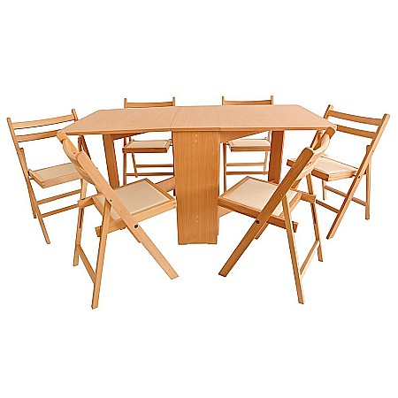 Mese cu scaune - Set masa plianta MD1, bucatarie si living, Pal Melaminat, colturi rotunjite, 6 persoane, 160x80x75 cm si 6 scaune pliante lemn, tapitate cu piele ecologica, cires