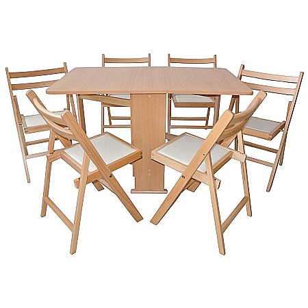 Mese cu scaune - Set masa plianta Practic, bucatarie si living, Pal Melaminat, insertii lemn masiv, colturi rotunjite, 120x74x75 cm si 6 scaune pliante, tapitate, piele ecologica, nuc