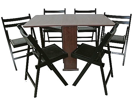 Mese cu scaune - Set masa plianta Practic, bucatarie si living, Pal Melaminat, insertii lemn masiv, colturi rotunjite, 120x74x75 cm si 6 scaune pliante, tapitate, piele ecologica, nuc