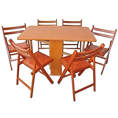 Mese cu scaune - Set masa plianta Practic, bucatarie si living, Pal Melaminat, insertii lemn masiv, colturi rotunjite, 120x74x75 cm si 6 scaune pliante, tapitate, piele ecologica, nuc