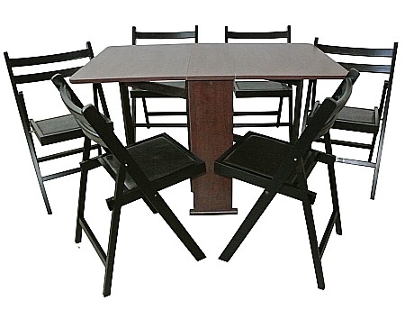 Mese cu scaune - Set masa plianta Practic, bucatarie si living, Pal Melaminat, insertii lemn masiv, colturi rotunjite, 120x74x75 cm si 6 scaune pliante, tapitate, piele ecologica, cires