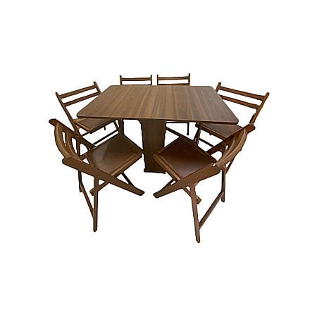 Set masa plianta Practic, bucatarie si living, Pal Melaminat, insertii lemn masiv, colturi rotunjite, 120x74x75 cm si 6 scaune pliante, tapitate, piele ecologica, nuc [1]