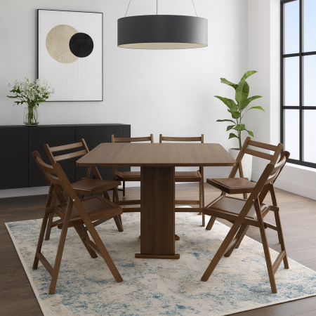 Set masa plianta Practic, bucatarie si living, Pal Melaminat, insertii lemn masiv, colturi rotunjite, 120x74x75 cm si 6 scaune pliante, tapitate, piele ecologica, nuc