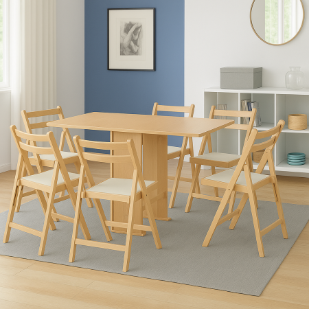 Set masa plianta Practic, bucatarie si living, Pal Melaminat, insertii lemn masiv, colturi rotunjite, 120x74x75 cm si 6 scaune pliante, tapitate, piele ecologica, fag