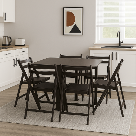 Set masa plianta Practic, bucatarie si living, Pal Melaminat, insertii lemn masiv, colturi rotunjite, 120x74x75 cm si 6 scaune pliante, tapitate, piele ecologica, wenge