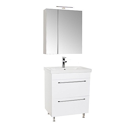 Set mobilier baie cu lavoar ceramic, GN0541, front MDF, 2 sertare, 60 cm, picioare cromate reglabile si dulap cu oglinda Celine, PAL, iluminare LED, alb [6]