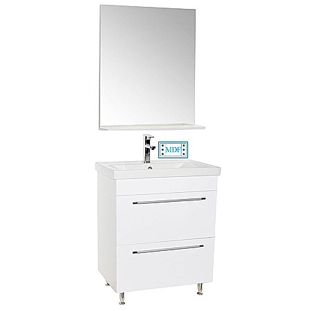Produse - Set mobilier baie cu lavoar ceramic, GN0541, front MDF, 2 sertare, 60 cm, picioare cromate reglabile si oglinda baie cu polita GN0551, dreptunghiulara, PAL, alb