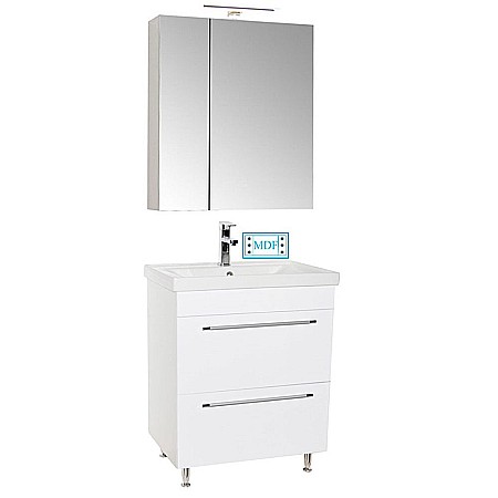 Seturi mobilier baie - Set mobilier baie cu lavoar ceramic, GN0541, front MDF, 2 sertare, 60 cm, picioare cromate reglabile si dulap cu oglinda Celine, PAL, iluminare LED, alb
