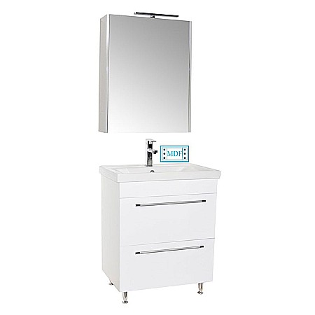 Produse - Set mobilier baie cu lavoar ceramic, GN0541, front MDF, 2 sertare, 60 cm, picioare cromate reglabile si dulap cu oglinda GN5011, MDF, iluminare led, cu usa, 3 rafturi, soft close, alb