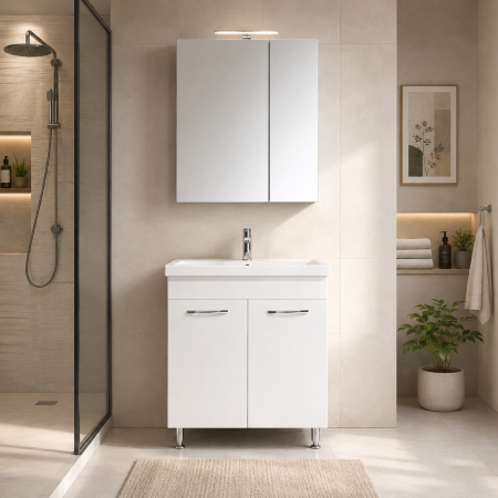 Produse - Set mobilier baie cu lavoar ceramic, GN0541, front MDF, 2 sertare, 60 cm, picioare cromate reglabile si dulap cu oglinda Celine, PAL, iluminare LED, alb