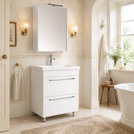 Produse - Set mobilier baie cu lavoar ceramic, GN0541, front MDF, 2 sertare, 60 cm, picioare cromate reglabile si dulap cu oglinda GN5011, MDF, iluminare led, cu usa, 3 rafturi, soft close, alb