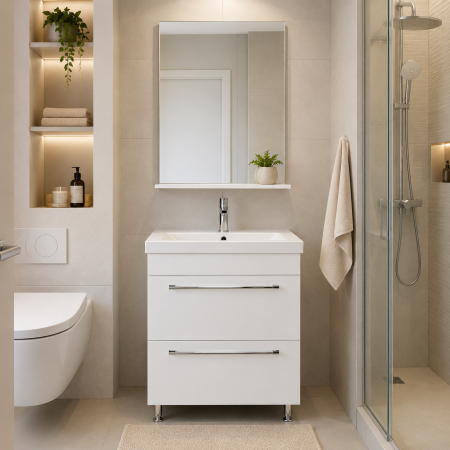 Produse - Set mobilier baie cu lavoar ceramic, GN0541, front MDF, 2 sertare, 60 cm, picioare cromate reglabile si oglinda baie cu polita GN0551, dreptunghiulara, PAL, alb