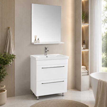 Produse - Set mobilier baie cu lavoar ceramic, GN0541, front MDF, 2 sertare, 60 cm, picioare cromate reglabile si oglinda cu polita GN0671, dreptunghiulara, PAL, alb