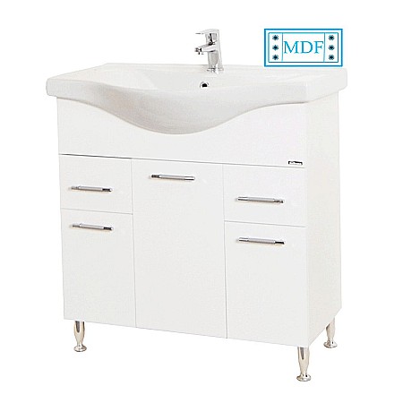 Baza si lavoar ceramic GN1531, mobilier baie stativ 80 cm, front MDF, 3 usi, 2 sertare, balamale soft close, picioare cromate reglabile, alb [0]