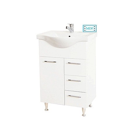 Set mobilier baie cu lavoar ceramic GN1531, front MDF, 55 cm, 2 usi, 2 sertare, picioare cromate reglabile, balamale soft close si oglinda cu dulap GN0201, dreptunghiulara, PAL, iluminare led, alb [1]