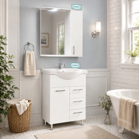 Set mobilier baie cu lavoar ceramic GN1531, front MDF, 55 cm, 2 usi, 2 sertare, picioare cromate reglabile, balamale soft close si oglinda cu dulap GN0201, dreptunghiulara, PAL, iluminare led, alb