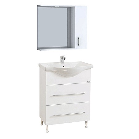 Seturi mobilier baie - Set mobilier baie cu lavoar ceramic, GN1871, front MDF, un sertar, o usa, 65 cm, picioare cromate reglabile, manere cromate si oglinda cu dulap GN0001, PAL, iluminare led, 2 rafturi, alb