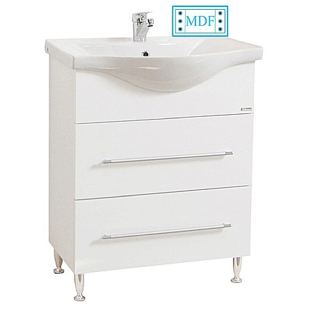 Set mobilier baie cu lavoar ceramic, GN1871, front MDF, un sertar, o usa, 65 cm, picioare cromate reglabile, manere cromate si oglinda cu dulap GN0001, PAL, iluminare led, 2 rafturi, alb [1]