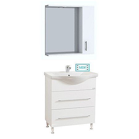 Set mobilier baie cu lavoar ceramic, GN1871, front MDF, un sertar, o usa, 65 cm, picioare cromate reglabile, manere cromate si oglinda cu dulap GN0201, dreptunghiulara, PAL, iluminare led, 2 rafturi, alb