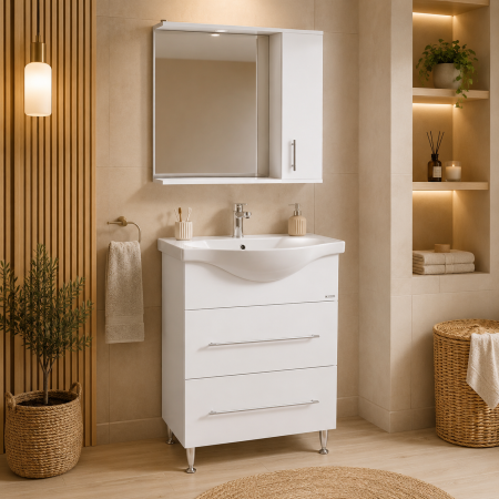 Seturi mobilier baie - Set mobilier baie cu lavoar ceramic, GN1871, front MDF, un sertar, o usa, 65 cm, picioare cromate reglabile, manere cromate si oglinda cu dulap GN0001, PAL, iluminare led, 2 rafturi, alb