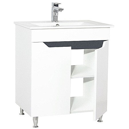 Baza si lavoar ceramic GN0561, mobilier baie stativ 70 cm, front MDF, 2 usi, picioare cromate reglabile, alb/antracit [2]
