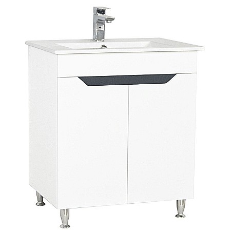 Mobilier baie - Baza si lavoar ceramic GN0561, mobilier baie stativ 70 cm, front MDF, 2 usi, picioare cromate reglabile, alb/antracit
