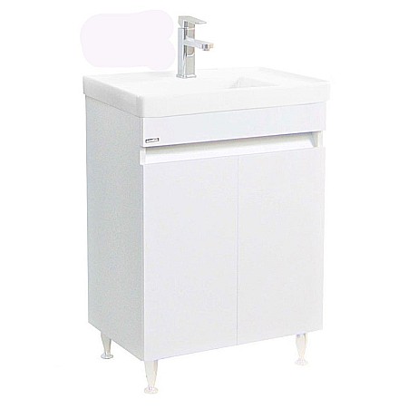 Baze cu lavoar - Baza si lavoar ceramic GN2861, mobilier baie stativ 60 cm, front MDF, 2 usi, 2 rafturi, picioare cromate reglabile, alb