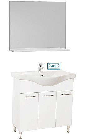 Set mobilier baie cu lavoar GN1531, front MDF cu lavoar ceramic, 80 cm, 3 usi, picioare reglabile cromate, balamale soft close si oglinda baie cu polita GN0551, dreptunghiulara, PAL, alb