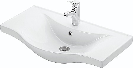 Set mobilier baie cu lavoar GN1531, front MDF cu lavoar ceramic, 80 cm, 3 usi, picioare reglabile cromate, balamale soft close si dulap cu oglinda Celine, PAL, iluminare led, alb [1]