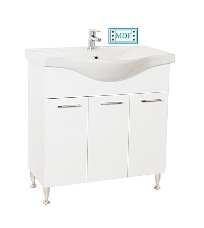 Set mobilier baie cu lavoar GN1531, front MDF cu lavoar ceramic, 80 cm, 3 usi, picioare reglabile cromate, balamale soft close si dulap cu oglinda Celine, PAL, iluminare led, alb [4]