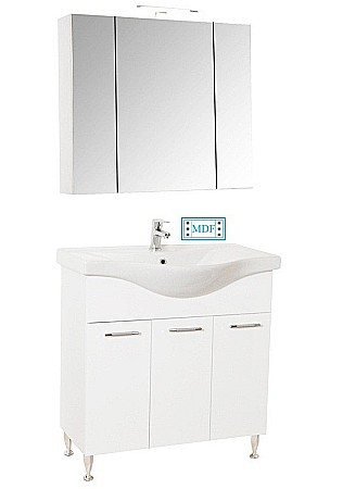 Set mobilier baie cu lavoar GN1531, front MDF cu lavoar ceramic, 80 cm, 3 usi, picioare reglabile cromate, balamale soft close si dulap cu oglinda Celine, PAL, iluminare led, alb