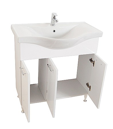Set mobilier baie cu lavoar GN1531, front MDF cu lavoar ceramic, 80 cm, 3 usi, picioare reglabile cromate, balamale soft close si dulap cu oglinda Celine, PAL, iluminare led, alb [3]