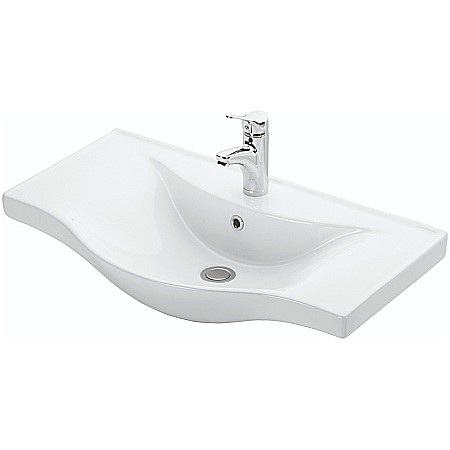 Set mobilier baie cu lavoar GN1531, front MDF cu lavoar ceramic, 80 cm, 3 usi, picioare reglabile cromate, balamale soft close si oglinda baie cu polita GN0551, dreptunghiulara, PAL, alb [1]
