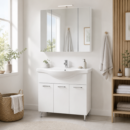 Set mobilier baie cu lavoar GN1531, front MDF cu lavoar ceramic, 80 cm, 3 usi, picioare reglabile cromate, balamale soft close si dulap cu oglinda Celine, PAL, iluminare led, alb