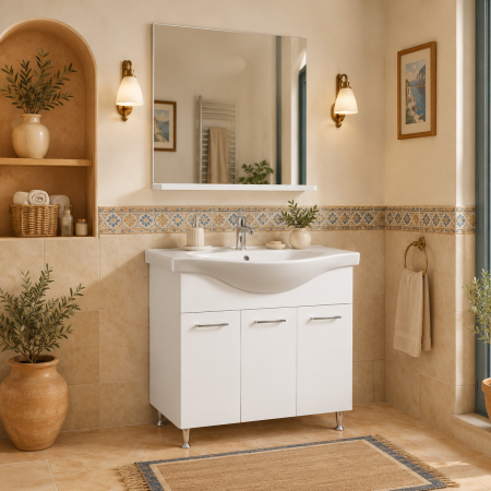 Set mobilier baie cu lavoar GN1531, front MDF cu lavoar ceramic, 80 cm, 3 usi, picioare reglabile cromate, balamale soft close si oglinda baie cu polita GN0551, dreptunghiulara, PAL, alb