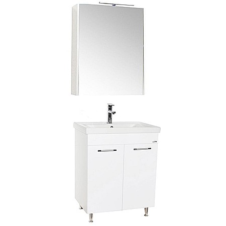 Set mobilier baie GN0541, front MDF, cu lavoar ceramic, 60 cm, 2 usi, 2 rafturi, picioare cromate reglabile, balamale soft close si dulap cu oglinda GN5011, MDF, iluminare led, alb [1]