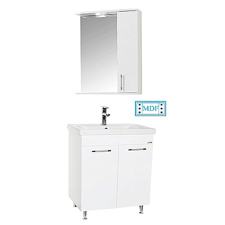 Set mobilier baie GN0541, front MDF, cu lavoar ceramic, 60 cm, 2 usi, 2 rafturi, picioare cromate reglabile, balamale soft close si oglinda cu dulap GN0201, dreptunghiulara, PAL, iluminare led, alb [8]
