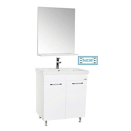 Set mobilier baie GN0541, front MDF, cu lavoar ceramic, 60 cm, 2 usi, 2 rafturi, picioare cromate reglabile, balamale soft close si oglinda cu polita GN0671, dreptunghiulara, PAL, ALB [1]