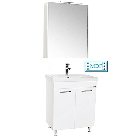 Set mobilier baie GN0541, front MDF, cu lavoar ceramic, 60 cm, 2 usi, 2 rafturi, picioare cromate reglabile, balamale soft close si dulap cu oglinda GN5011, MDF, iluminare led, alb