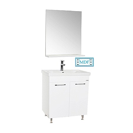 Produse - Set mobilier baie GN0541, front MDF, cu lavoar ceramic, 60 cm, 2 usi, 2 rafturi, picioare cromate reglabile, balamale soft close si oglinda cu polita GN0551, dreptunghiulara, PAL, alb