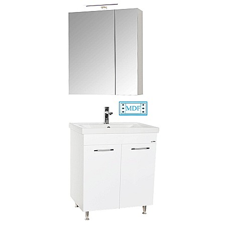Set mobilier baie GN0541, front MDF, cu lavoar ceramic, 60 cm, 2 usi, 2 rafturi, picioare cromate reglabile, balamale soft close si dulap cu oglinda Celine, PAL, iluminare led, alb