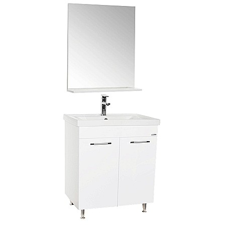 Set mobilier baie GN0541, front MDF, cu lavoar ceramic, 60 cm, 2 usi, 2 rafturi, picioare cromate reglabile, balamale soft close si oglinda cu polita GN0671, dreptunghiulara, PAL, ALB