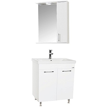 Produse - Set mobilier baie GN0541, front MDF, cu lavoar ceramic, 60 cm, 2 usi, 2 rafturi, picioare cromate reglabile, balamale soft close si oglinda cu dulap GN0201, dreptunghiulara, PAL, iluminare led, alb