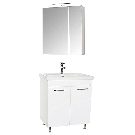 Set mobilier baie GN0541, front MDF, cu lavoar ceramic, 60 cm, 2 usi, 2 rafturi, picioare cromate reglabile, balamale soft close si dulap cu oglinda Celine, PAL, iluminare led, alb [9]