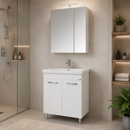 Produse - Set mobilier baie GN0541, front MDF, cu lavoar ceramic, 60 cm, 2 usi, 2 rafturi, picioare cromate reglabile, balamale soft close si dulap cu oglinda Celine, PAL, iluminare led, alb